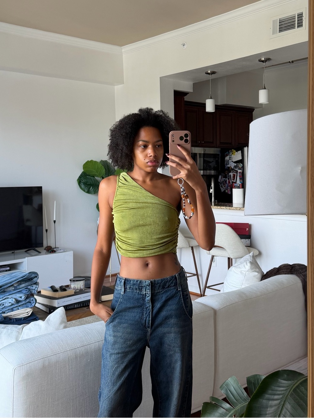 Asymmetric Ruched One-Shoulder Crop Top in Olive